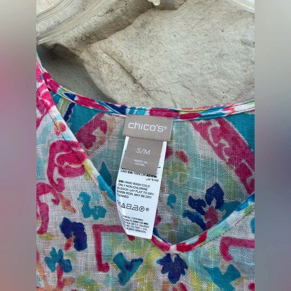 Chicos Caftan Blouse Size S/M 100% Linen Colorful Bohemian Lightweight Summer - Picture 3 of 6